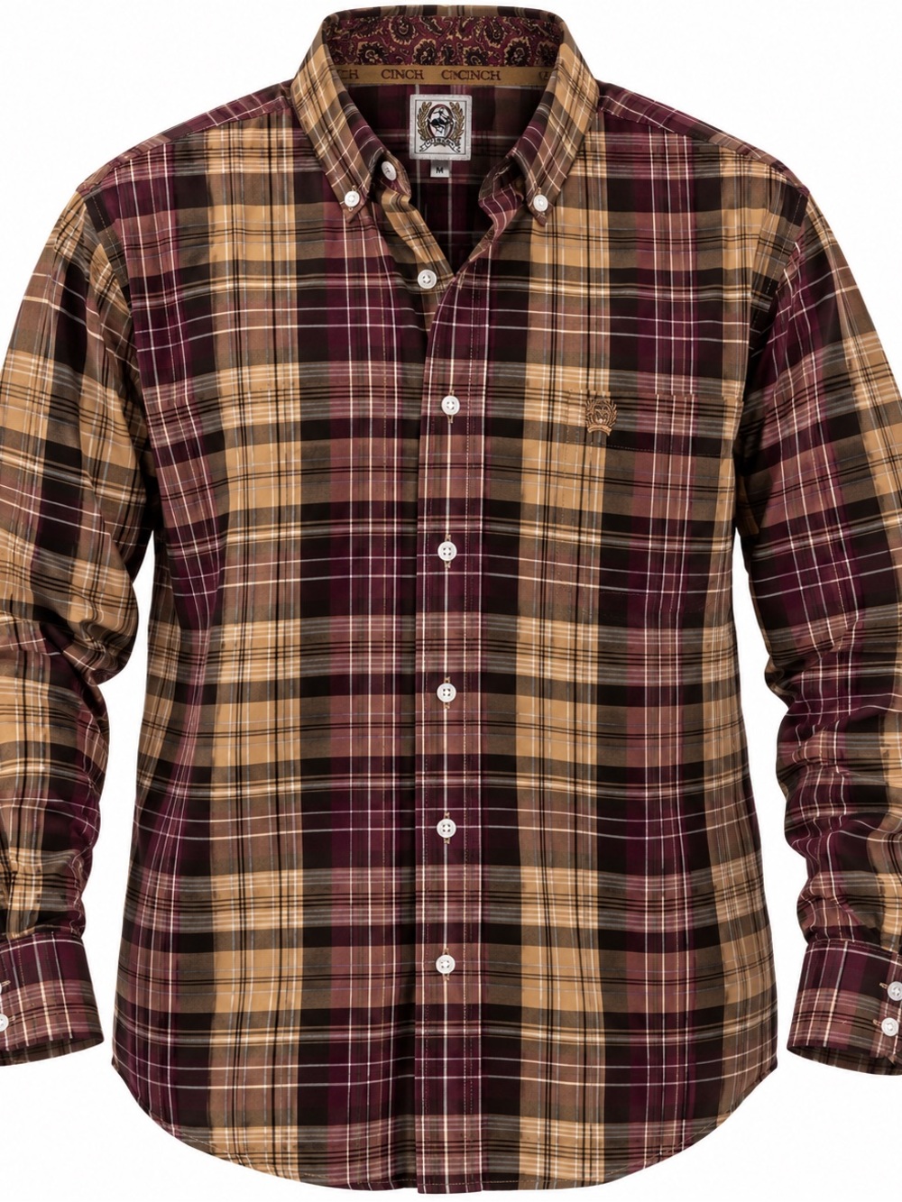 Cinch Men's Burgundy and Tan Plaid Button-Down Shirt